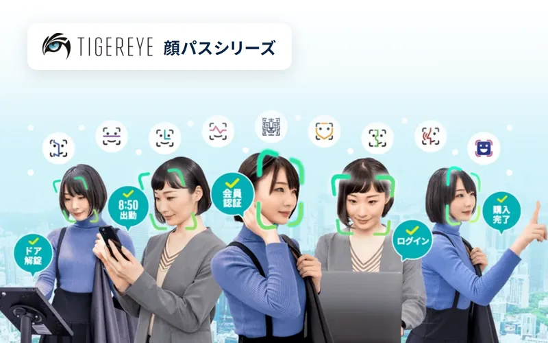 TIGEREYE 顔パスシリーズ（顔認証で出勤・会員認証・ログイン・ドア解錠・購入完了をする様子）